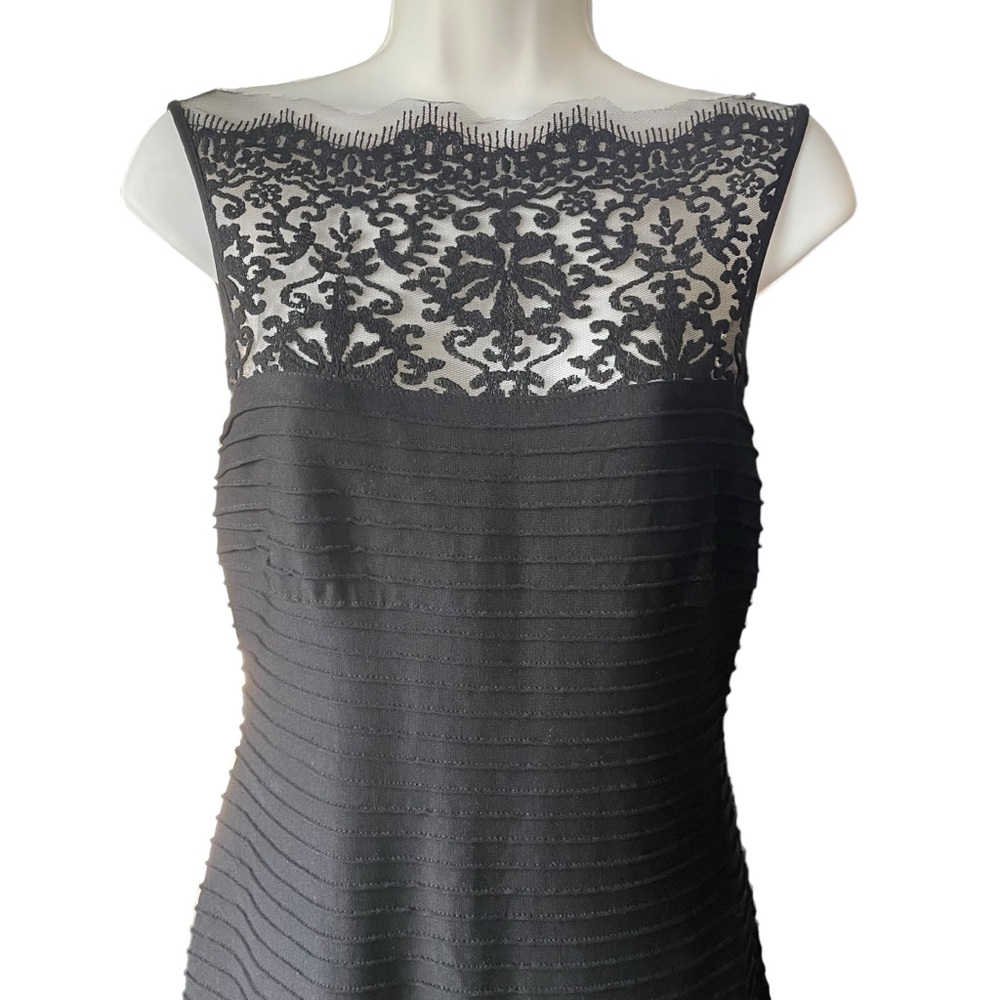 Tadashi Shoji Black Embroidered Illusion Lace Pintuck Jersey Dress Formal Gown - Picture 2 of 14